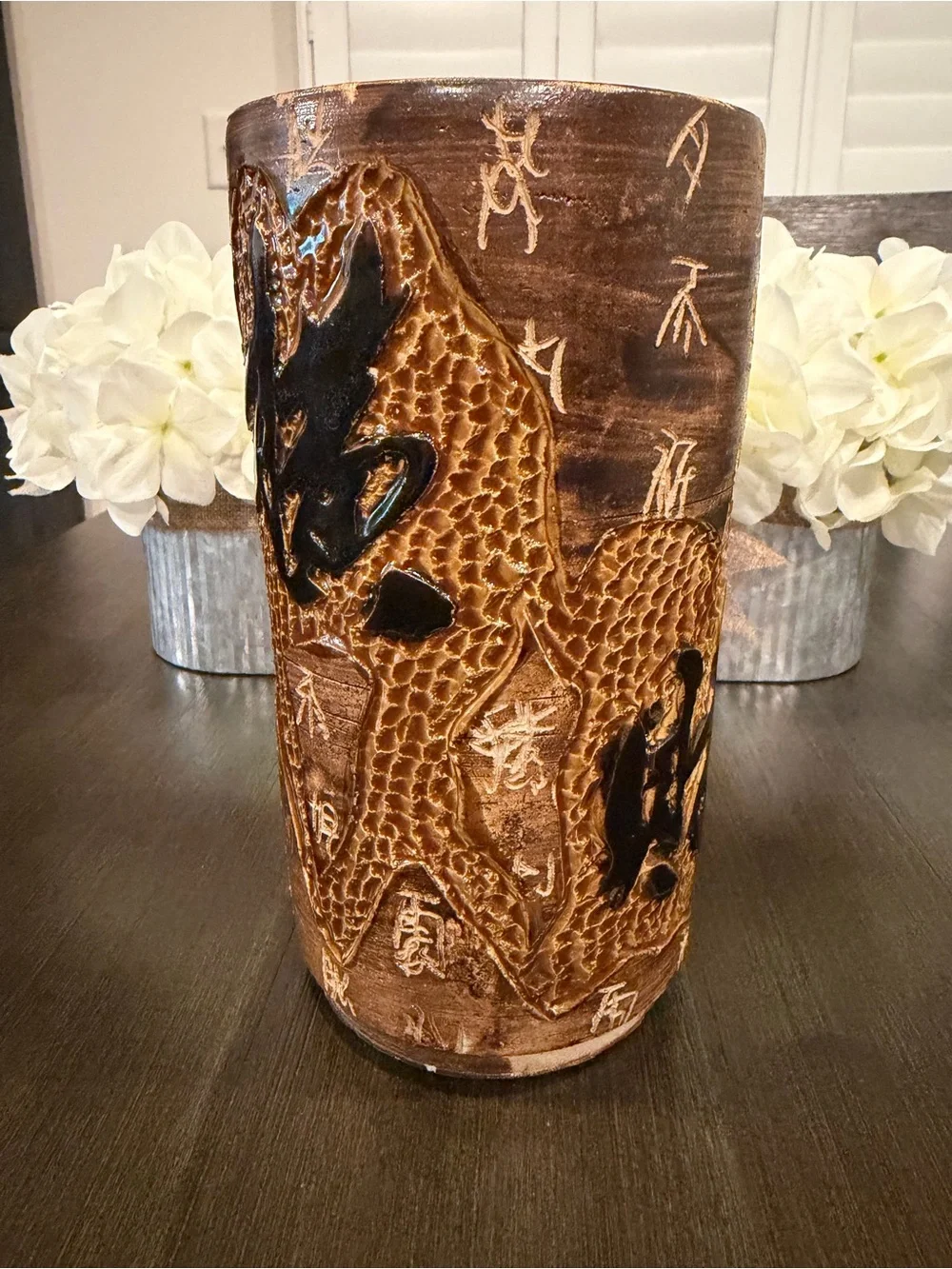 Vintage Hand Carved Chinese Clay Dragon Vase Tang Dynasty Poem Relief Potter